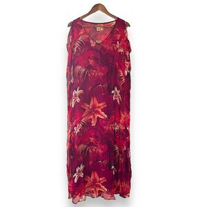 Lucky Brand Maya Tropical Kaftan Maxi Dress Size XS Red Sheer Two Piece